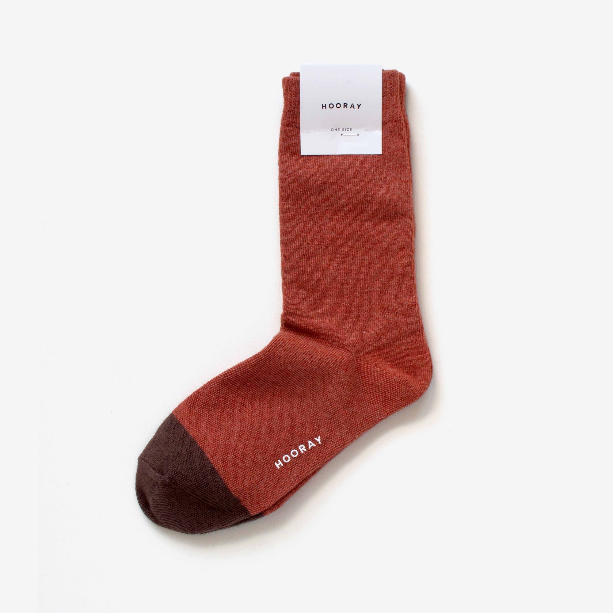 Duboce brown cotton crew sock with Hooray label tag – showcasing the two-tone design and craftsmanship.