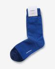 Huntington ocean blue cotton crew socks with Hooray label tag – showcasing the two-tone design and craftsmanship.