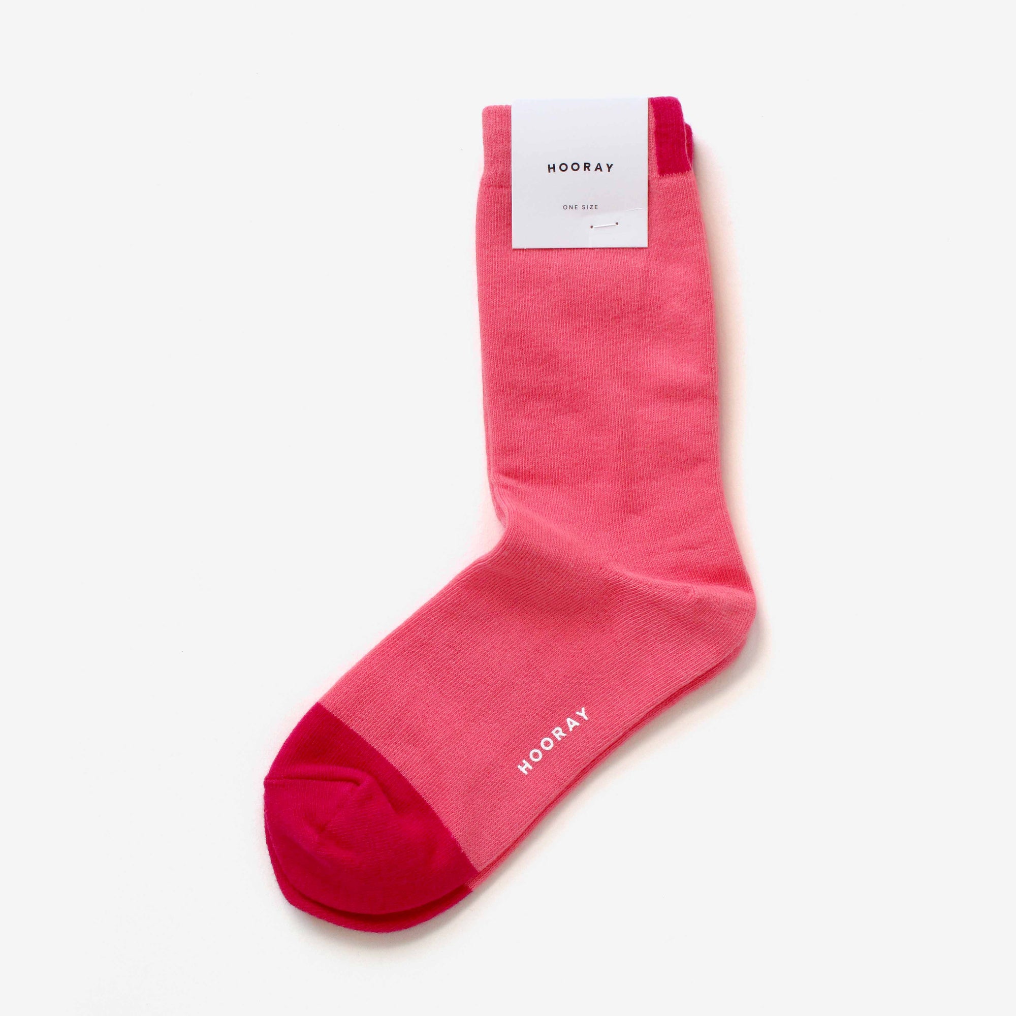 Precita blush pink cotton crew sock with Hooray label tag – showcasing the two-tone design and craftsmanship.