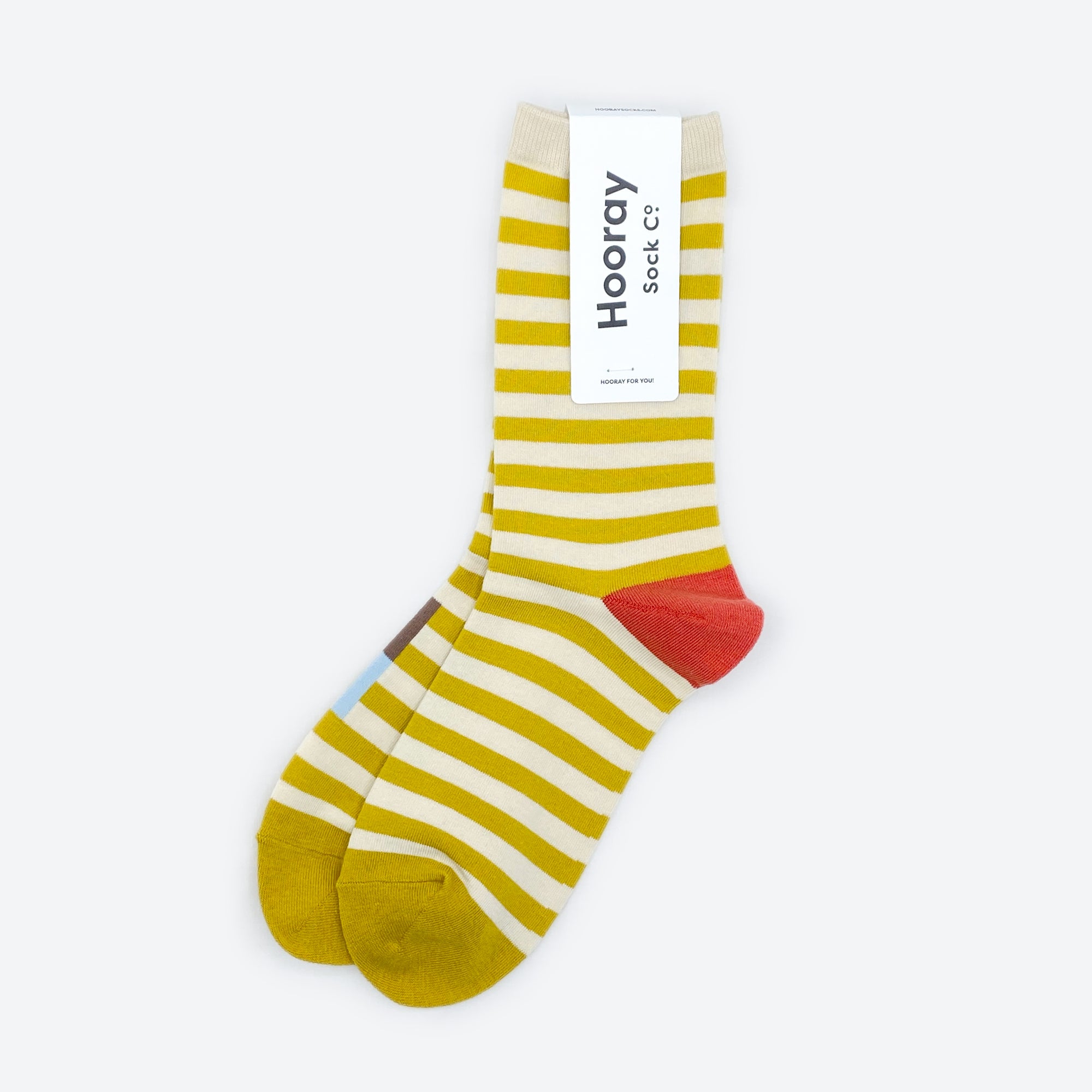 Hooray Sock Co.&#39;s Eureka Crew Socks: Best-selling, Lightweight, Comfy, Golden stripes, Hot red heels. Crew length, 80% cotton, 20% spandex. Made in South Korea. Unisex. 