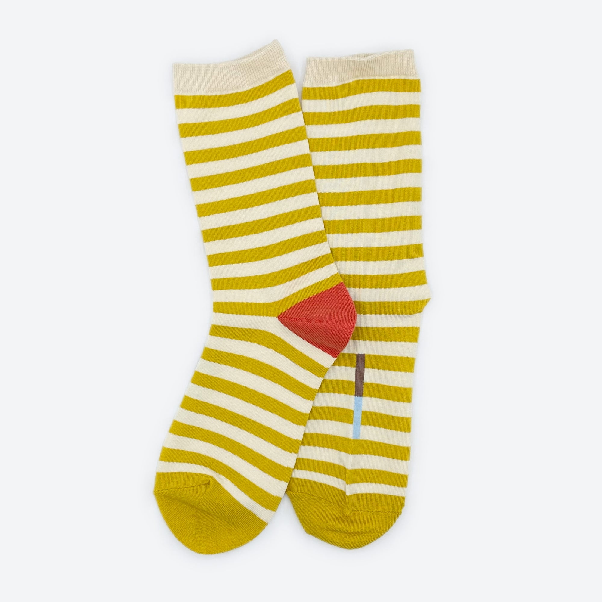 Hooray Sock Co.&#39;s Eureka Crew Socks: Best-selling, Lightweight, Comfy, Golden stripes, Hot red heels. Crew length, 80% cotton, 20% spandex. Made in South Korea. Unisex. 